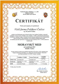 Certifikát Moravský med za rok 2021
